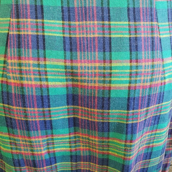 Vintage 90s Talbots Size 14 Linen Green Blue Clueless Preppy Plaid Pencil Skirt - Picture 8 of 12